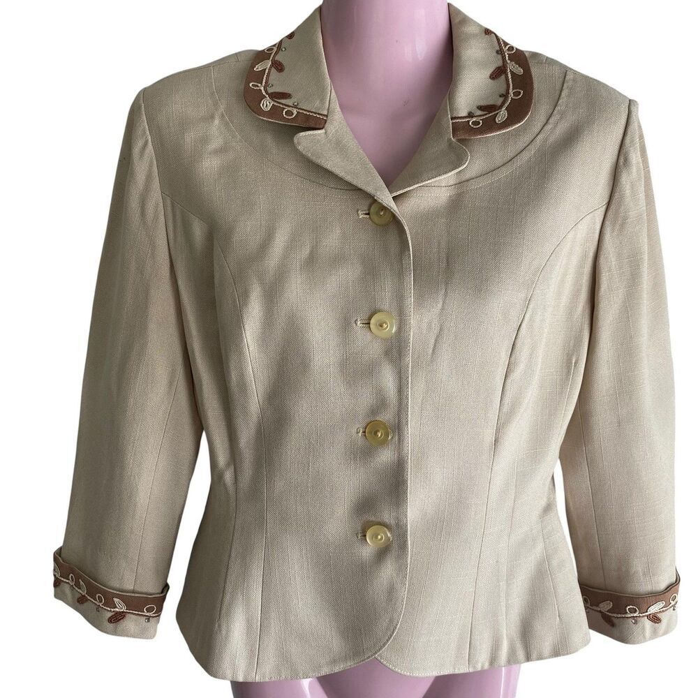 Vintage Jameshire New York Blazer Womens Medium Beige Embroidered Collar Cuff
